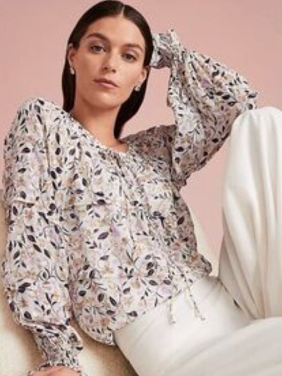 Ann Taylor Tops - Ann Taylor Cream Floral metallic ruffle Long-Sleeve Peasant smocked blouse XL